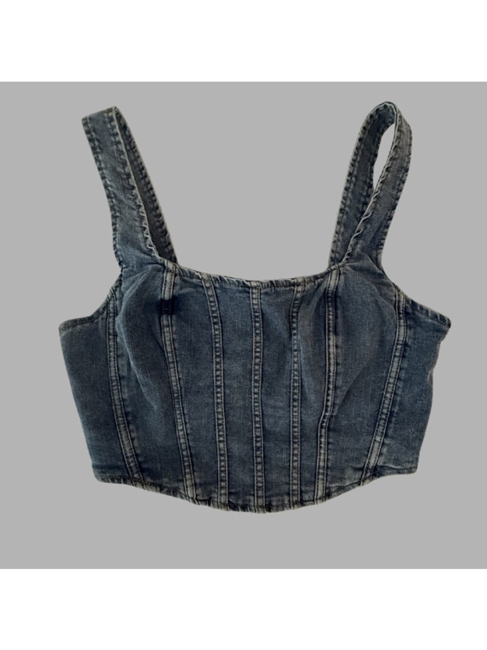 Denim Corset Crop Top Size Large Boned Bustier Back Zip Western Y2K Style